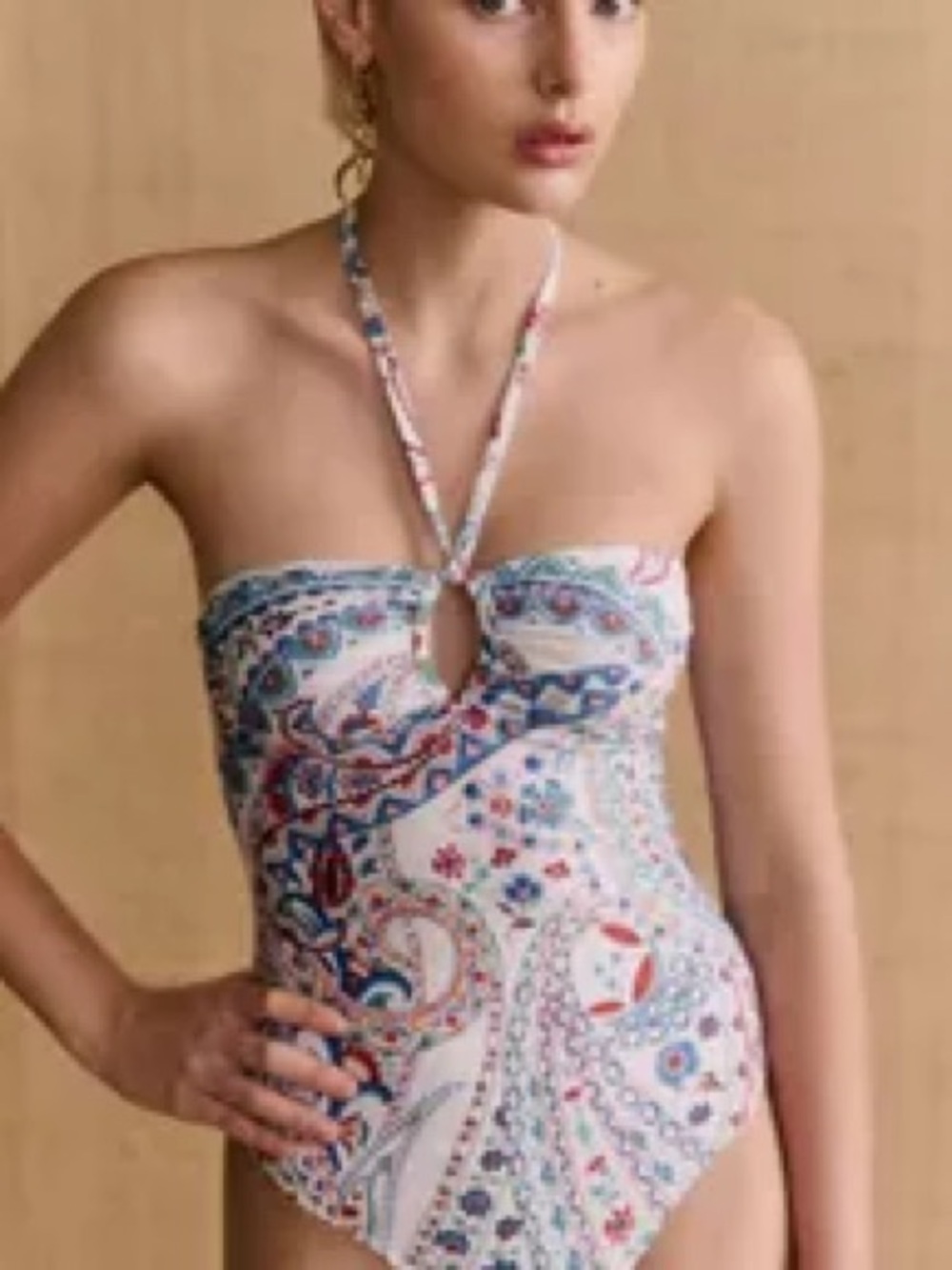 Sezane White Multi Paisley Halter One-Piece Swimsuit